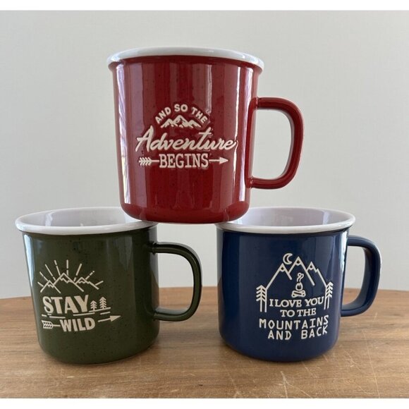 3- Member's Mark Ceramic Coffee Mugs 16 oz Stay Wild Adventure Camping Outdoors - Picture 1 of 5